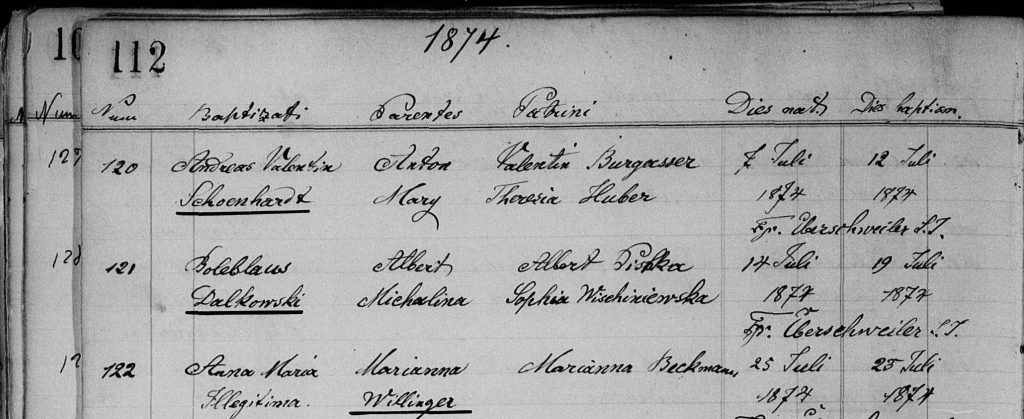 Boleslaw Dalkowski birth record, St. Mary's Parish, Toledo, Ohio 1874