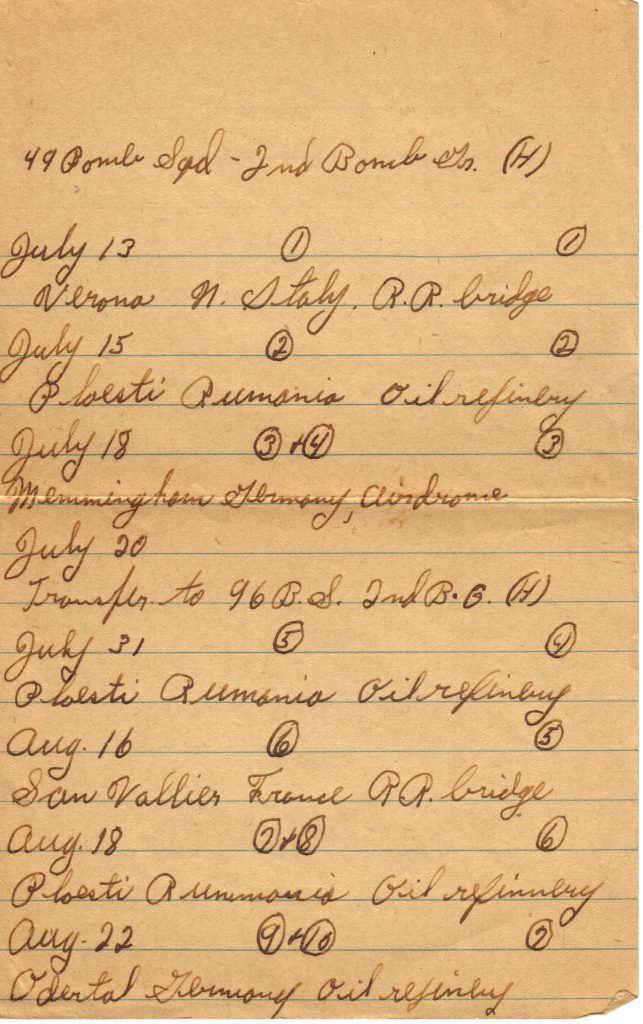 First Page, Edward Mierzejewski Mission Log, 49th and 96th Bomb Groups, 2nd Bomb Squad 1944