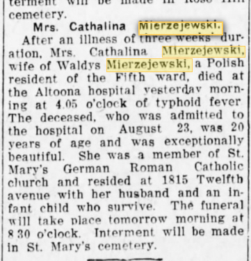 Apolonia Waldislaski Mierzejewski obitruary, Altoona Times 13 August 191