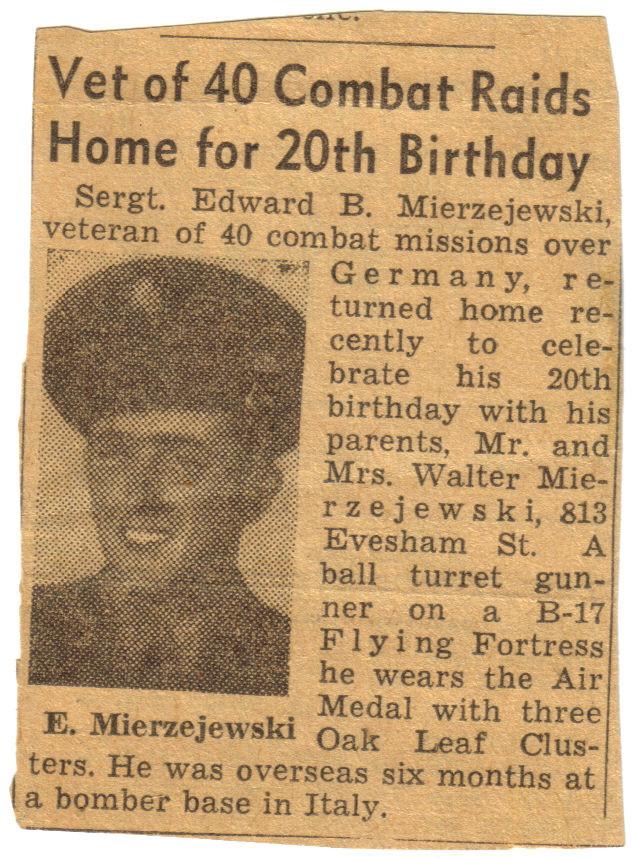 Vet of 40 Combat Raids Home for 20th Birthday, Toledo Blade, December 1944