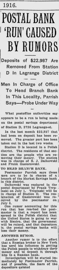 Toledo News Bee 7 July 1916, Postal Bank Run