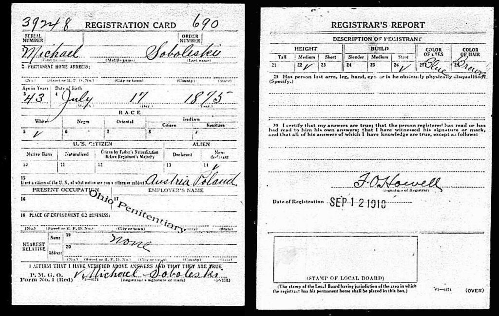 Michael Soboleski WWI Draft, Inmate Ohio Penitentiary 1918