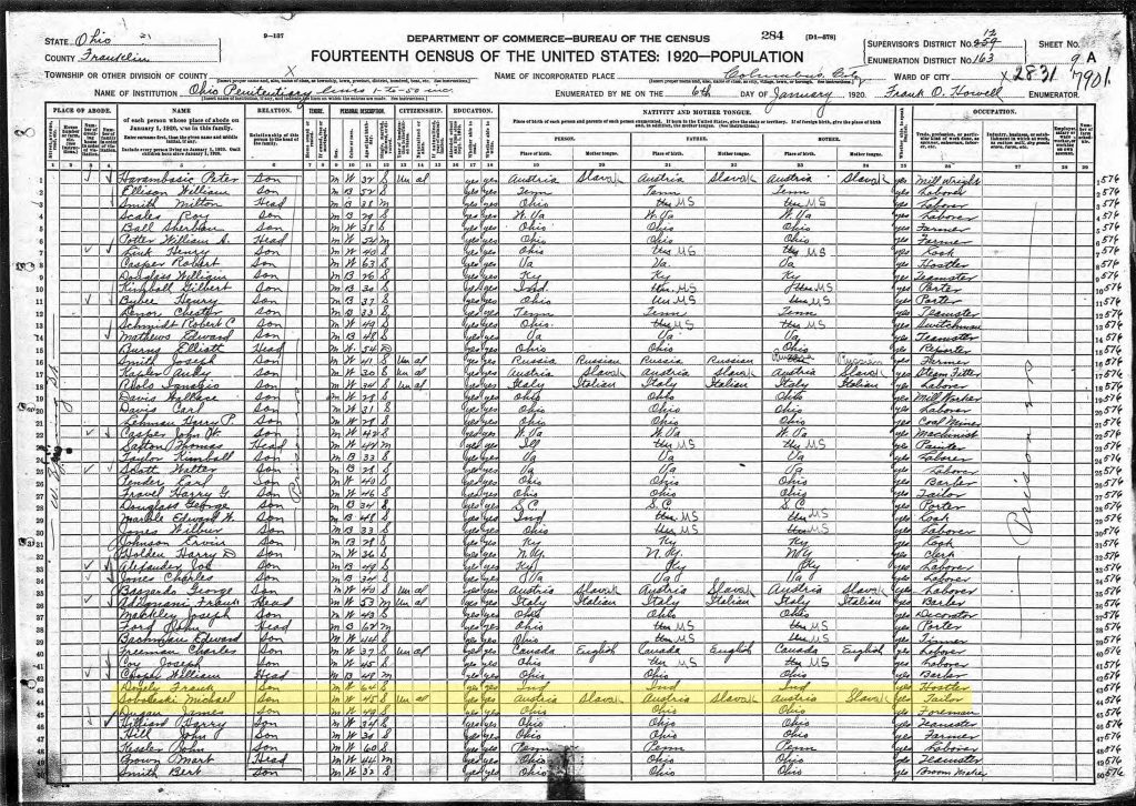 Michael Soboleski 1920 Census, Inmate Ohio Penitentiary