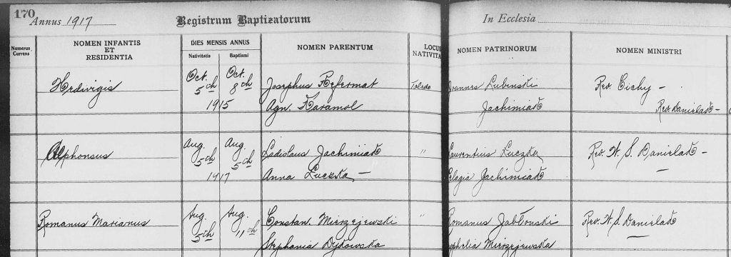 Son Roman (Raymond) baptismal record, St.. Stanislaus Parish 11 August 1917, Theophilia Mierzejewski godmother