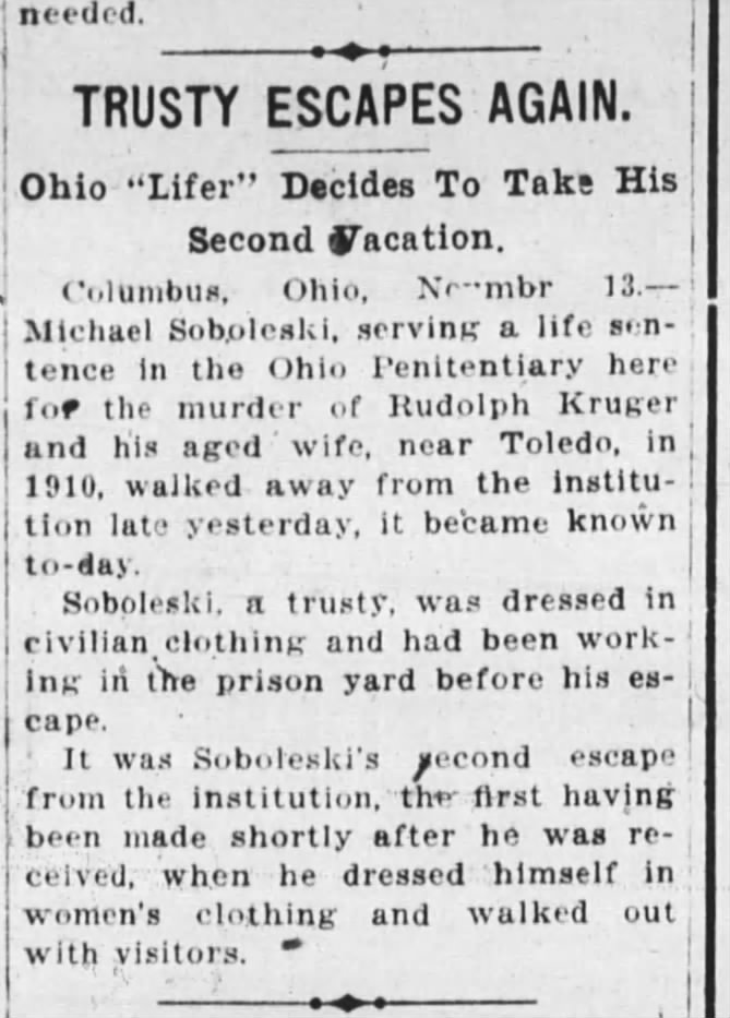 Michael Sobolewski second escape, 13 November 1921, Cincinnati Enquirer