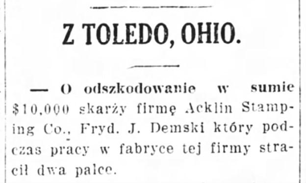 Fred J. Demski Lawsuit Acklin Stamping 24 February 1913 Dziennik Chicagoski