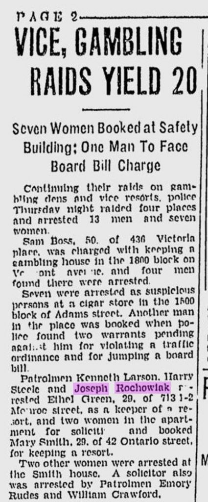 Joseph Rochowiak, arrests made in vice raid 23 May 1930